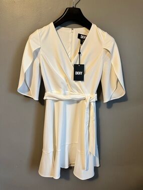 DKNY White Wrap Mini Dress with Tie Waist